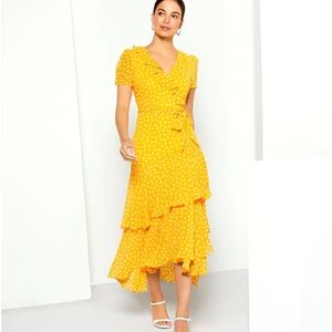 Karl Lagerfeld Paris Yellow Polka Dot Ruffled Tiered Wrap Maxi Dress